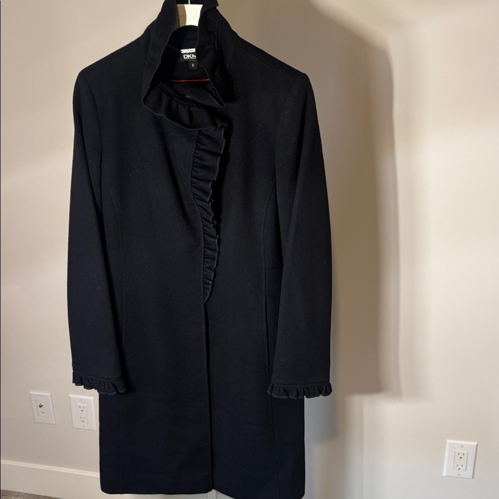 DKNY Black Ruffle Trim Coat, S - 6, Button Down collar, Ruffle Sleeves,